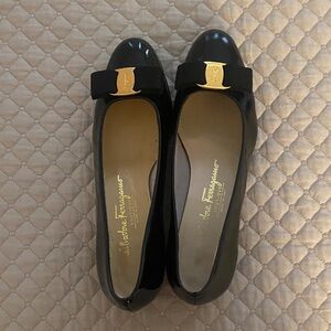Salvatore Ferragamo Black Patent Leather Bow Flats